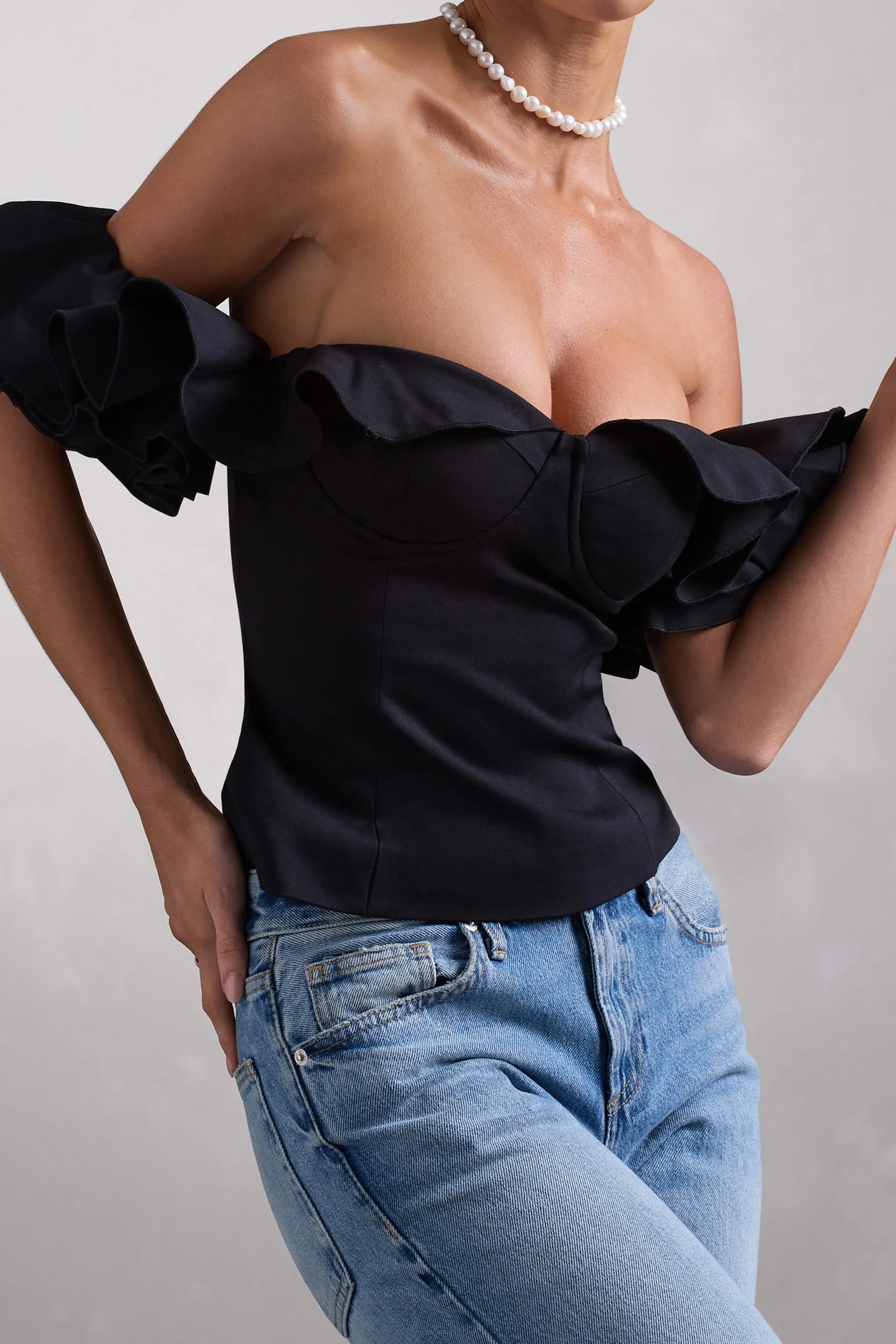 Naturally | Black Cotton-Blend Structured Bardot Top