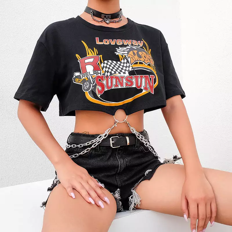 New “Loveway” Printed Crop Top With Chains AD11944