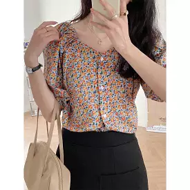 New summer retro puff sleeve floral shirt