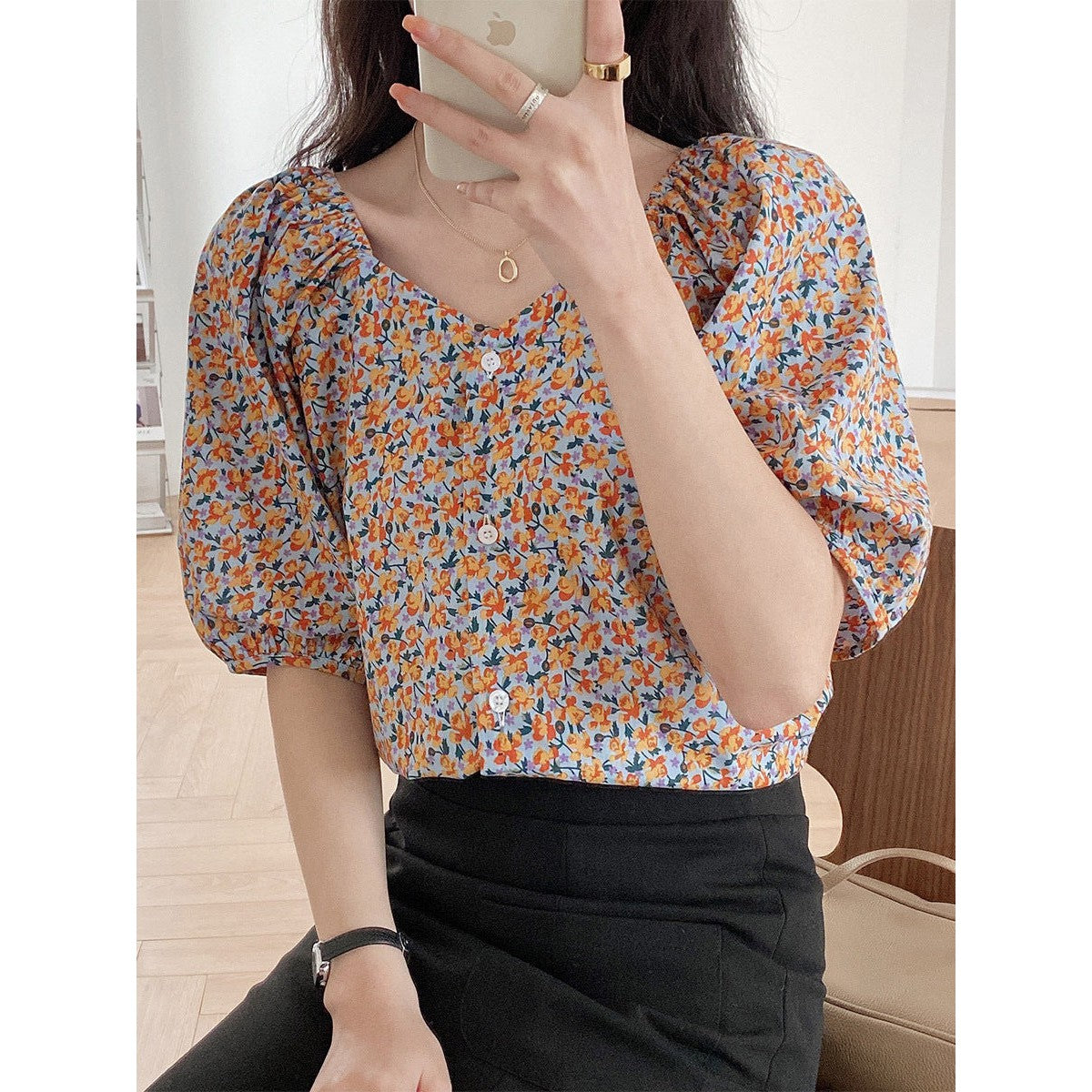 New summer retro puff sleeve floral shirt