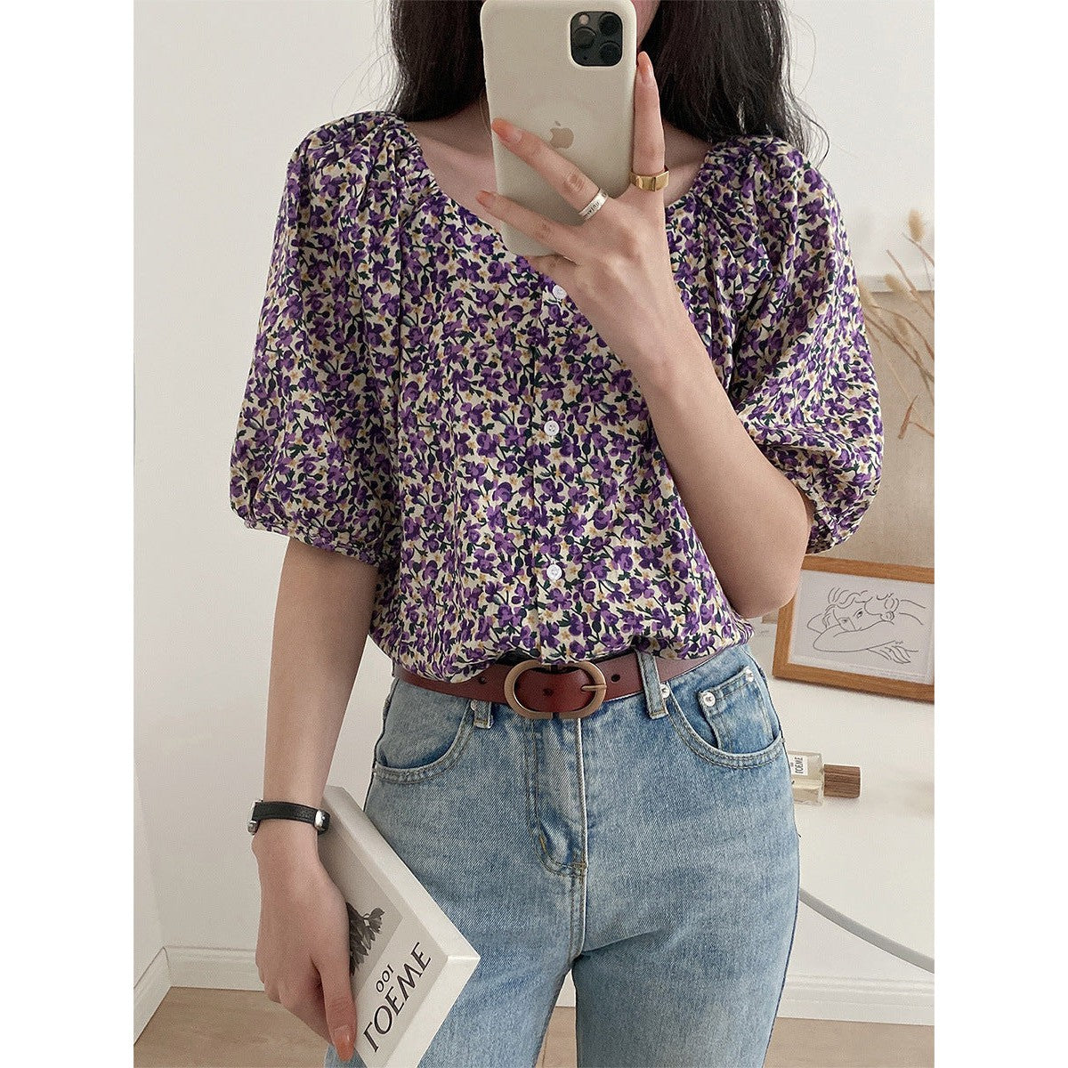 New summer retro puff sleeve floral shirt