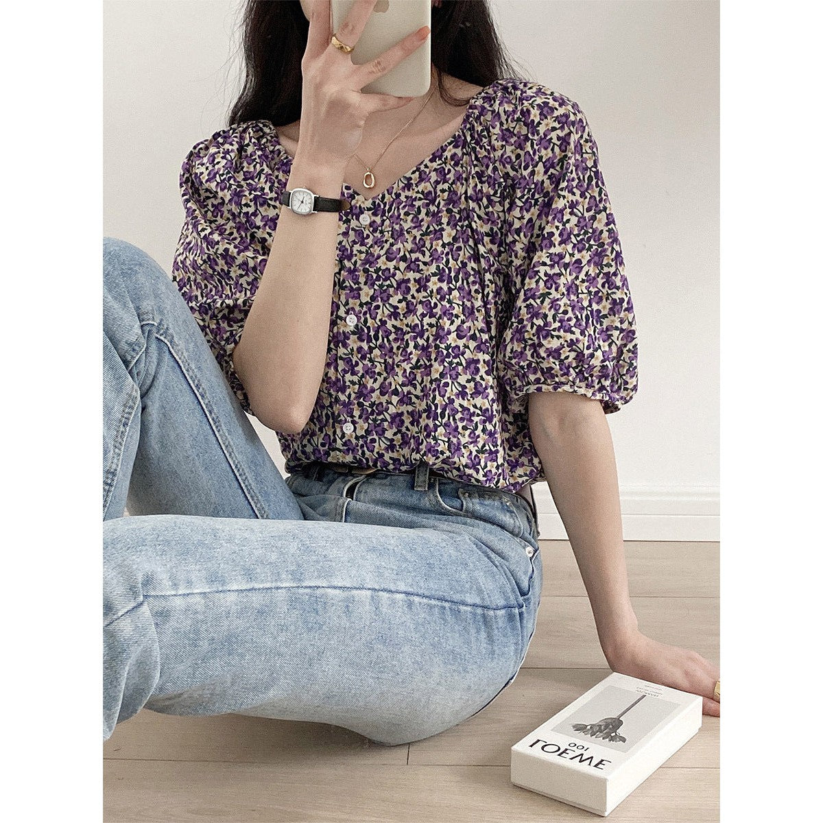 New summer retro puff sleeve floral shirt