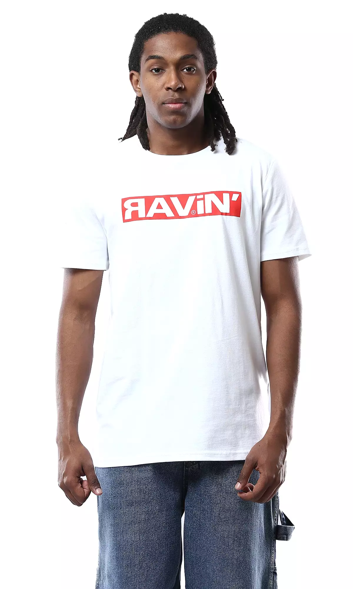 O178031 Round Neck Printed Ravin White Cotton Tee