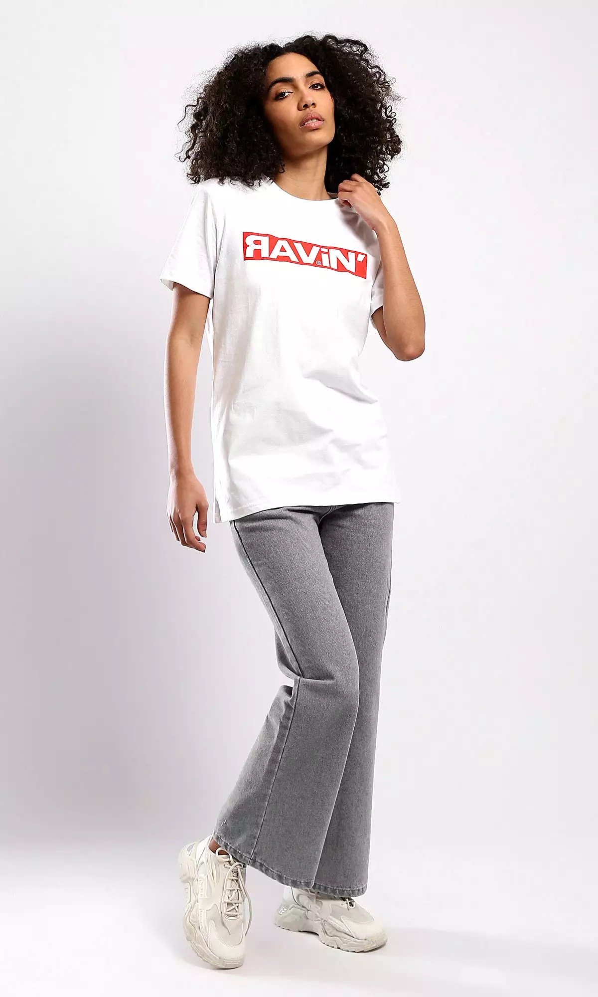 O178031 Round Neck Printed Ravin White Cotton Tee