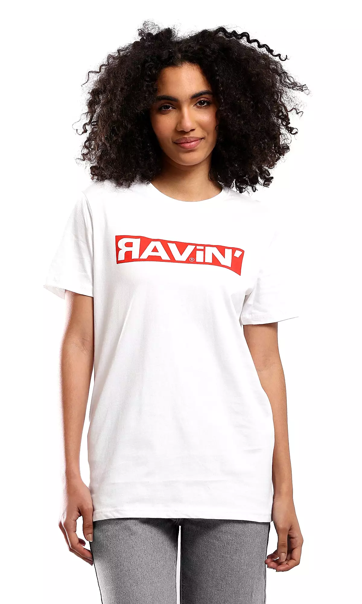 O178031 Round Neck Printed Ravin White Cotton Tee