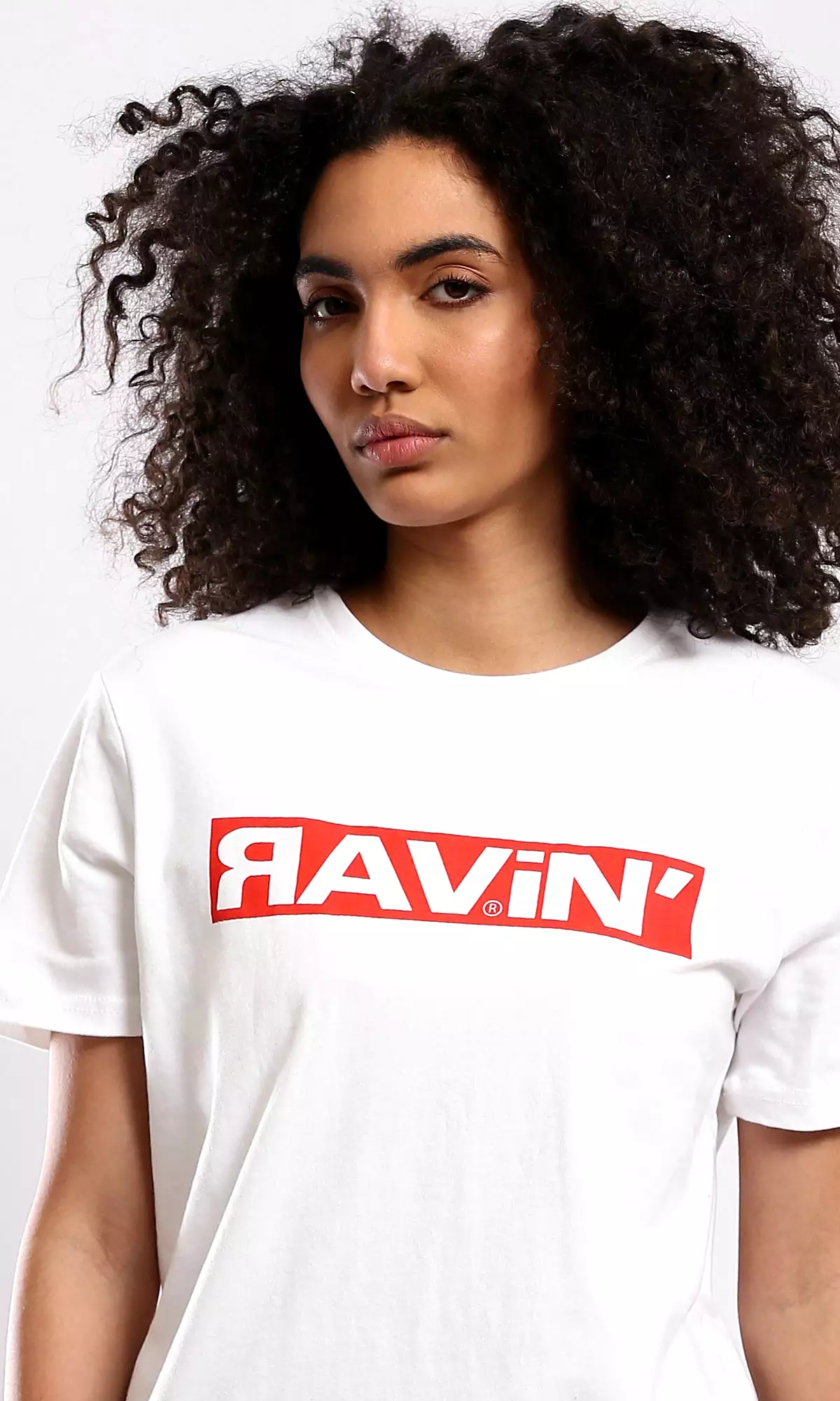 O178031 Round Neck Printed Ravin White Cotton Tee