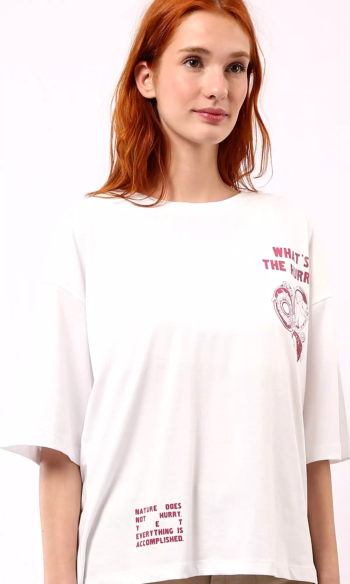 O178793 Crew Neck Printed White Loose Fit Cotton Tee