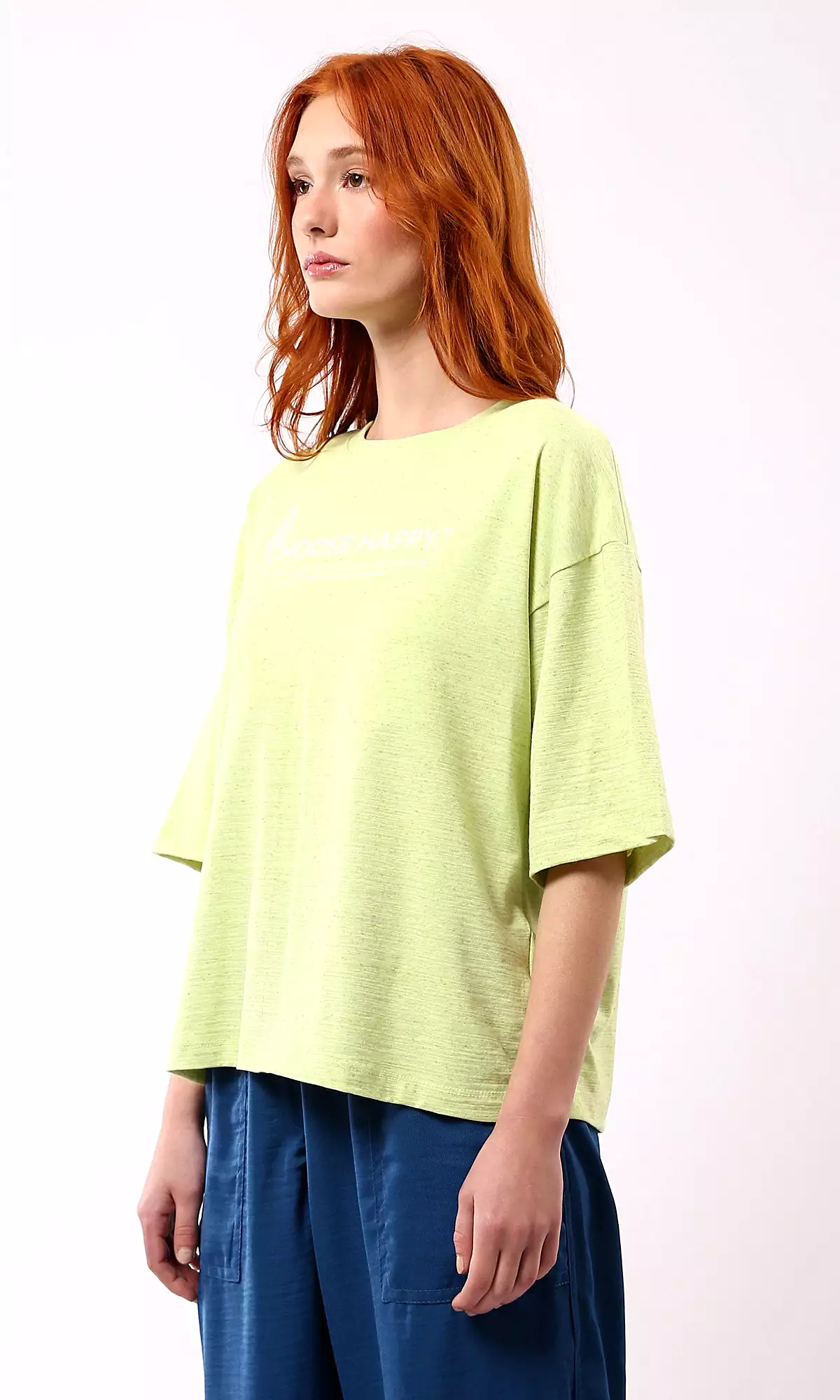 O181665 Choose Happy Printed Loose Fit Cotton Tee - Neon Green