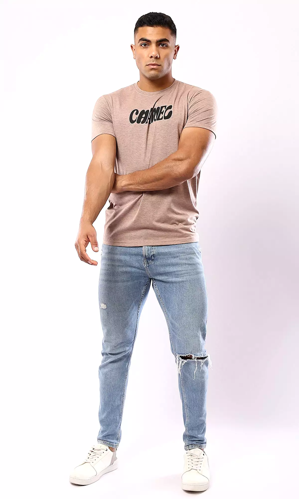 O182407 Slip On Printed Heather Light Coffee Cotton Tee