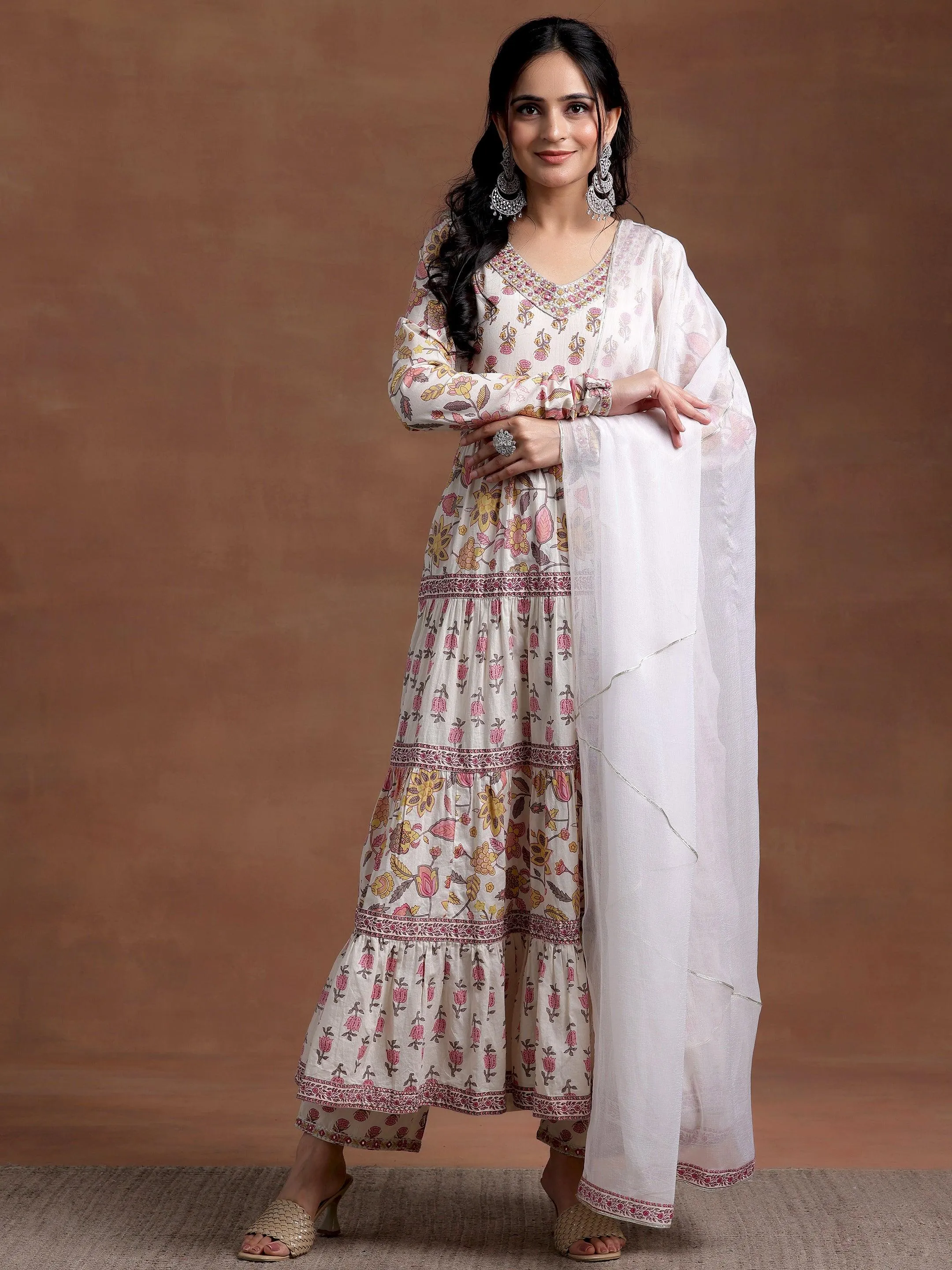 Off white Printed Cotton A-Line Kurta With Palazzos & Dupatta