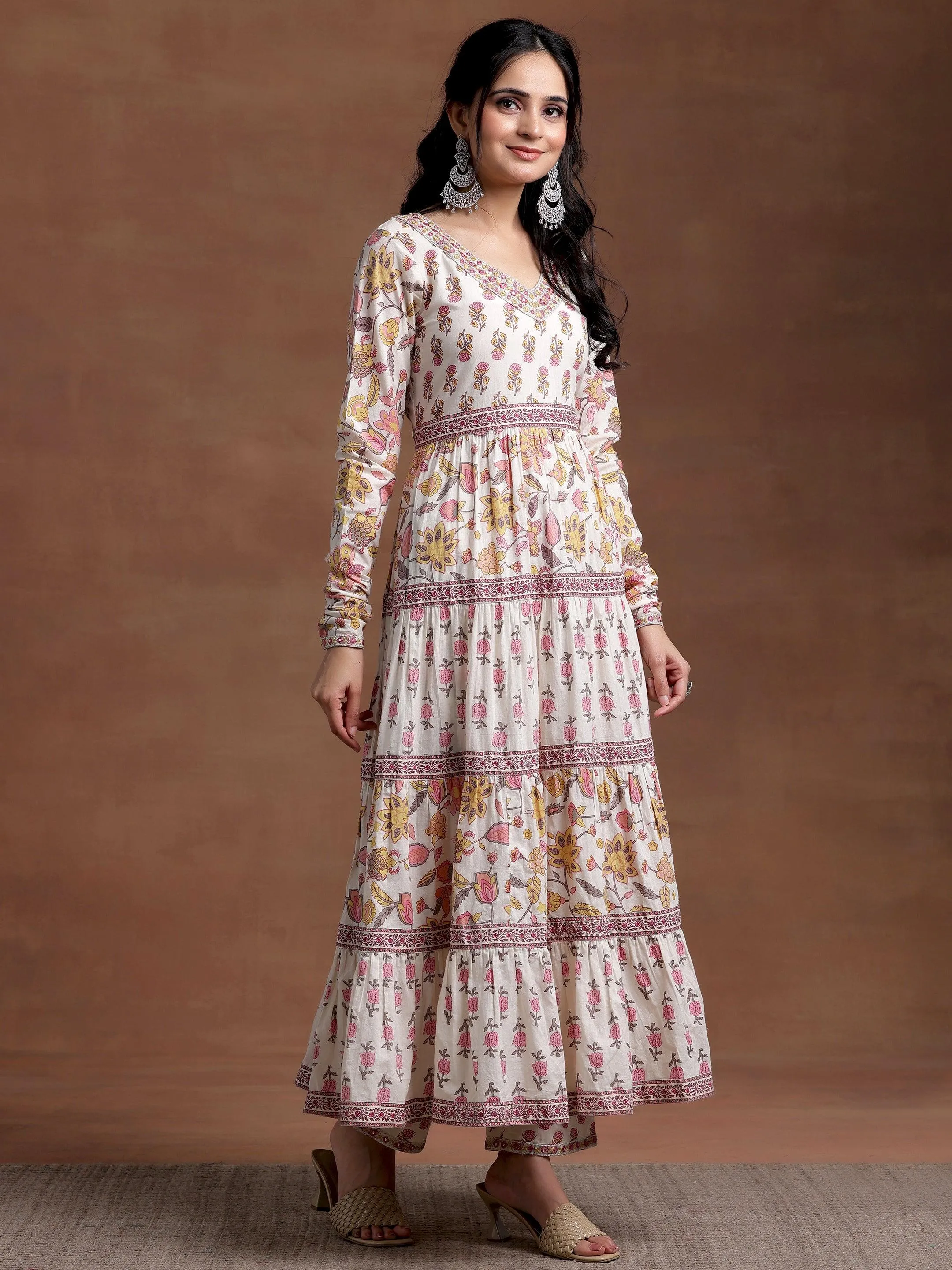 Off white Printed Cotton A-Line Kurta With Palazzos & Dupatta