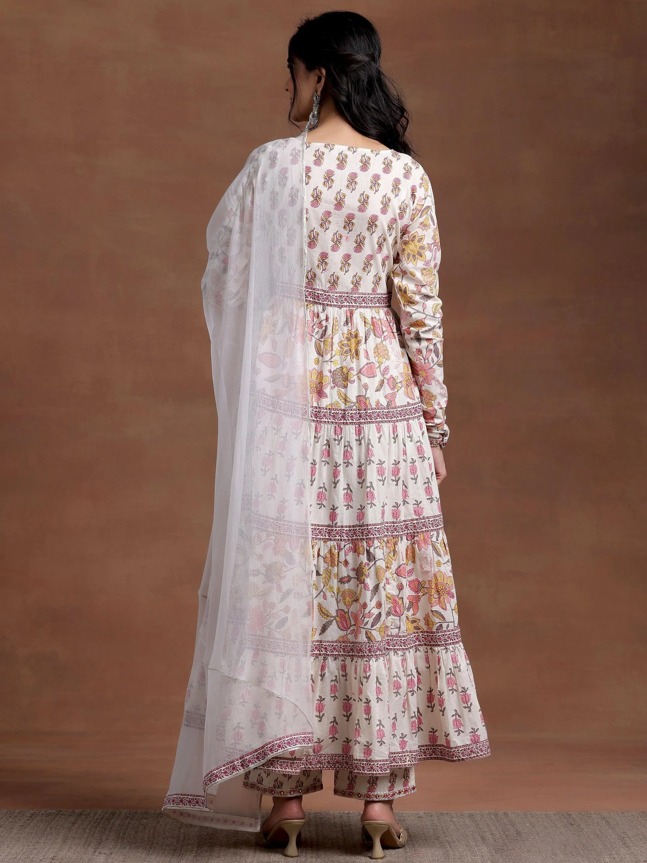 Off white Printed Cotton A-Line Kurta With Palazzos & Dupatta