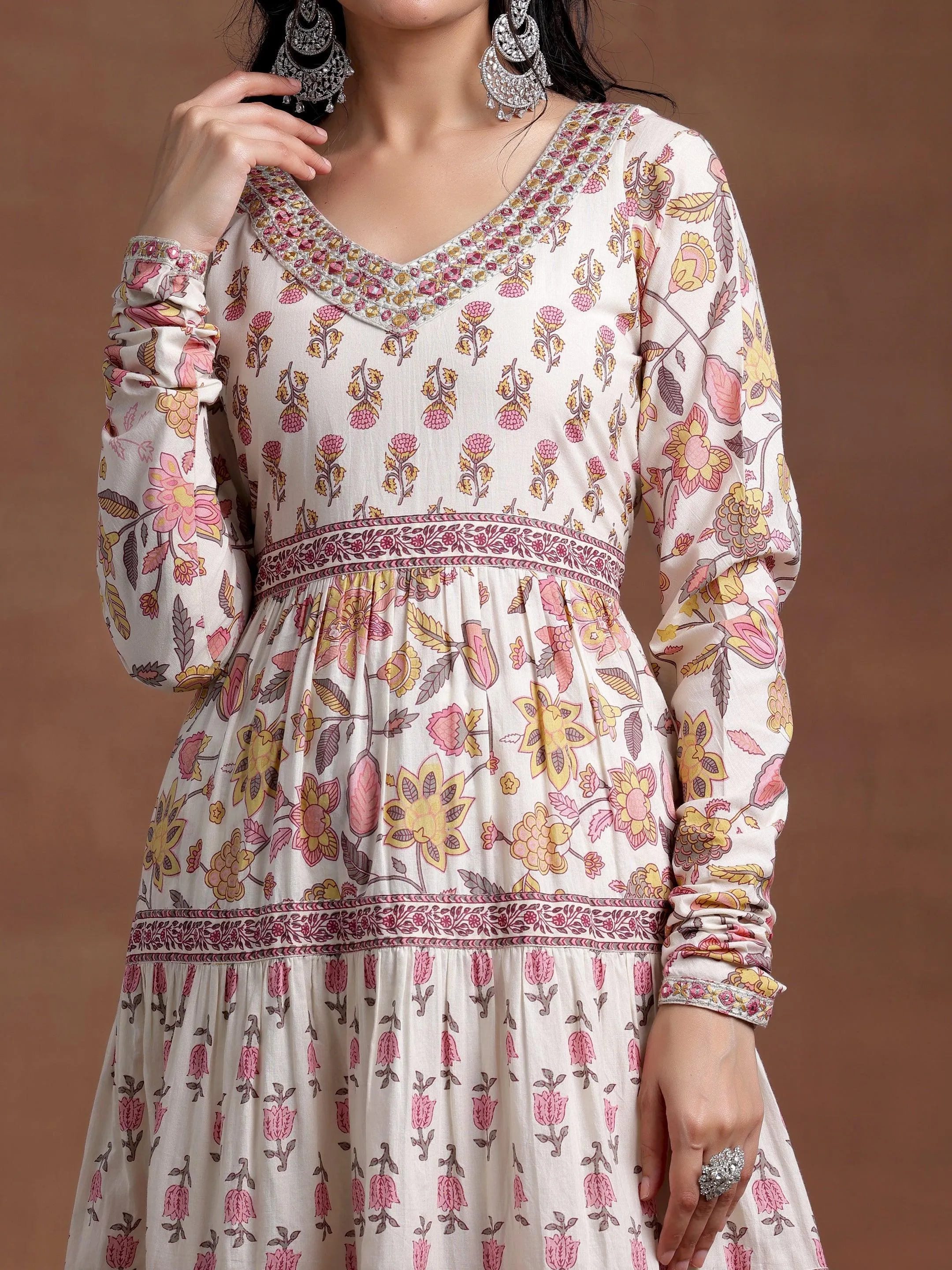 Off white Printed Cotton A-Line Kurta With Palazzos & Dupatta