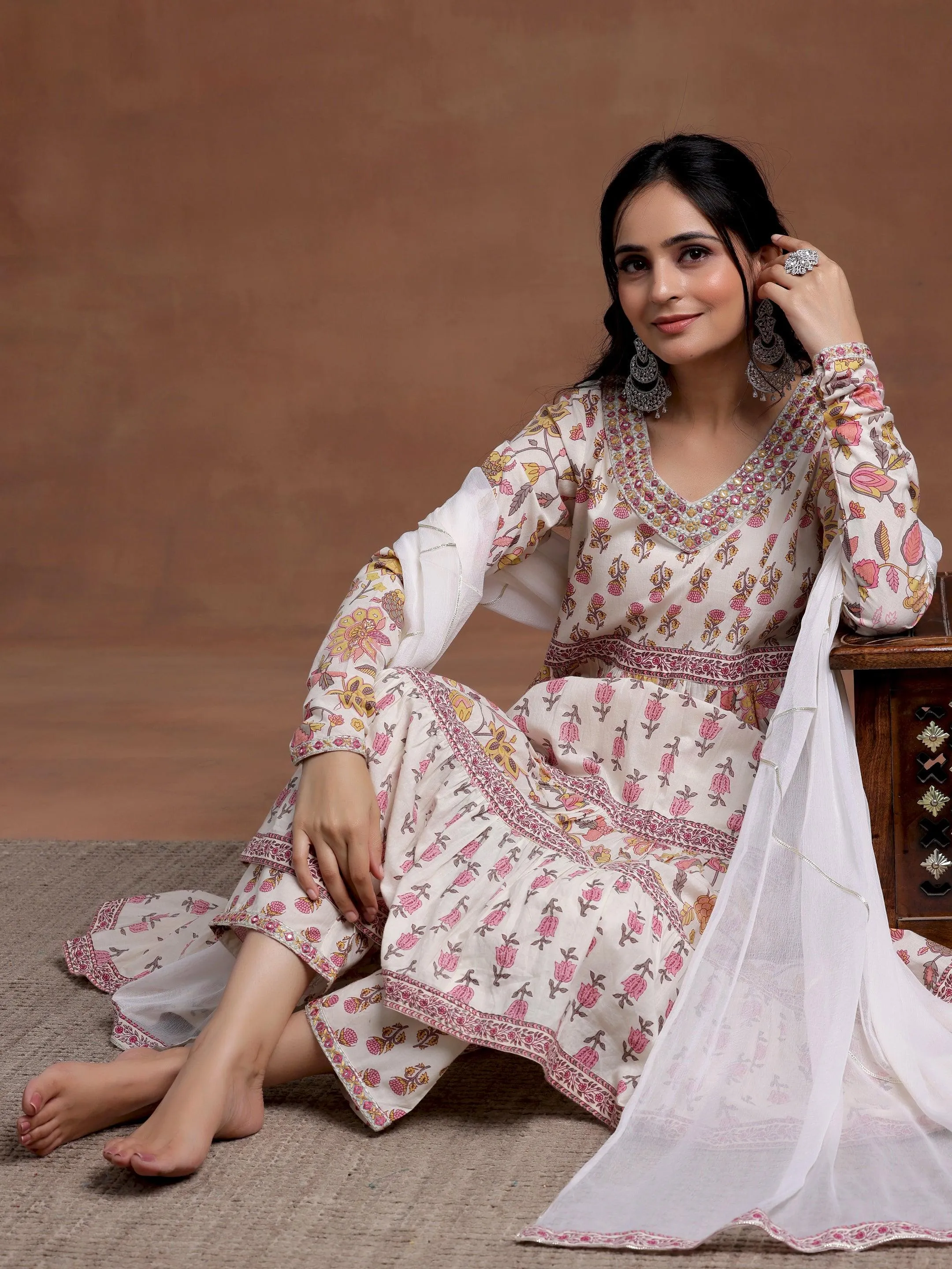 Off white Printed Cotton A-Line Kurta With Palazzos & Dupatta