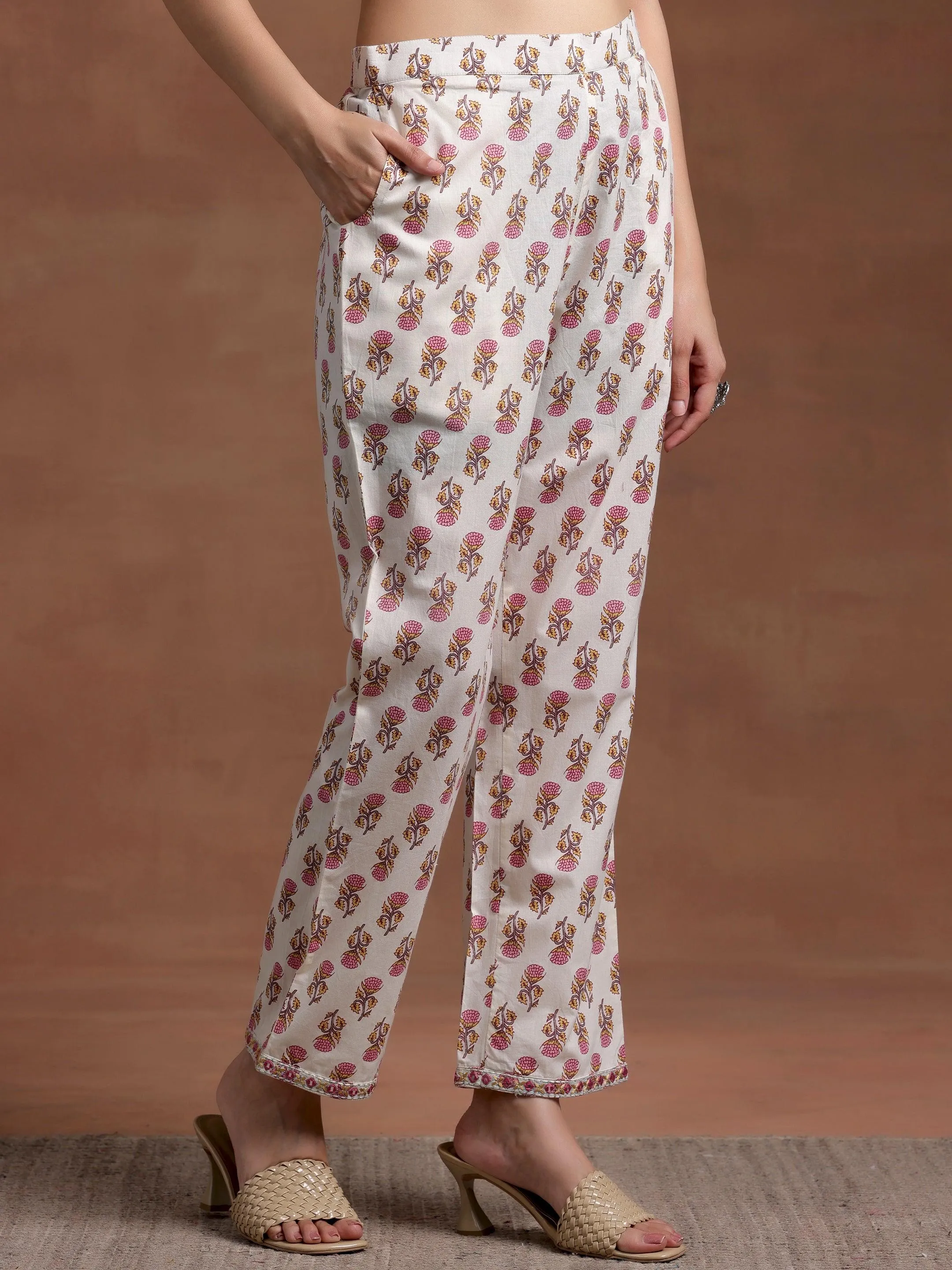 Off white Printed Cotton A-Line Kurta With Palazzos & Dupatta