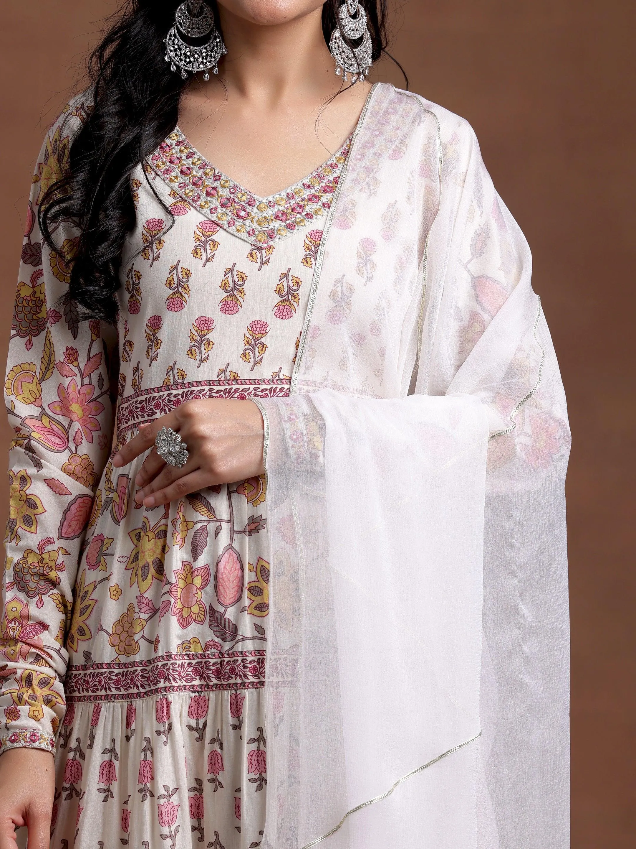 Off white Printed Cotton A-Line Kurta With Palazzos & Dupatta