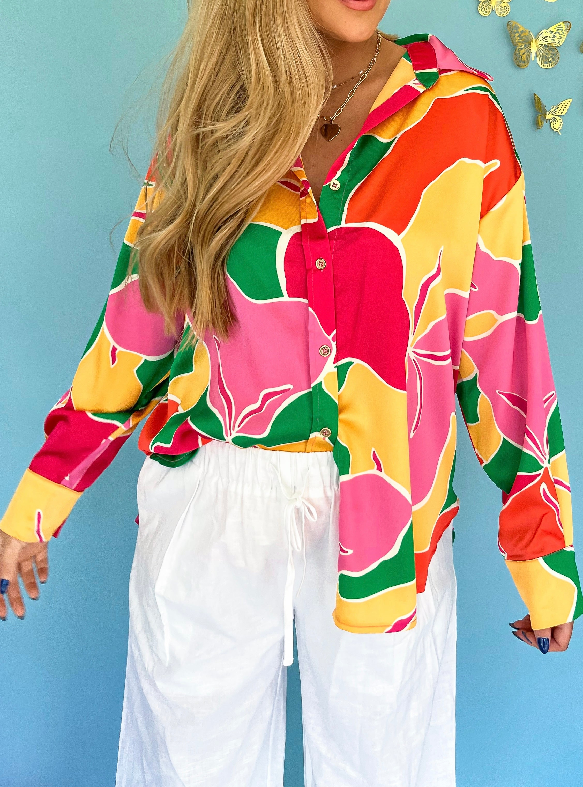 Printed Button Up Long Sleeve Blouse- Pink/Yellow