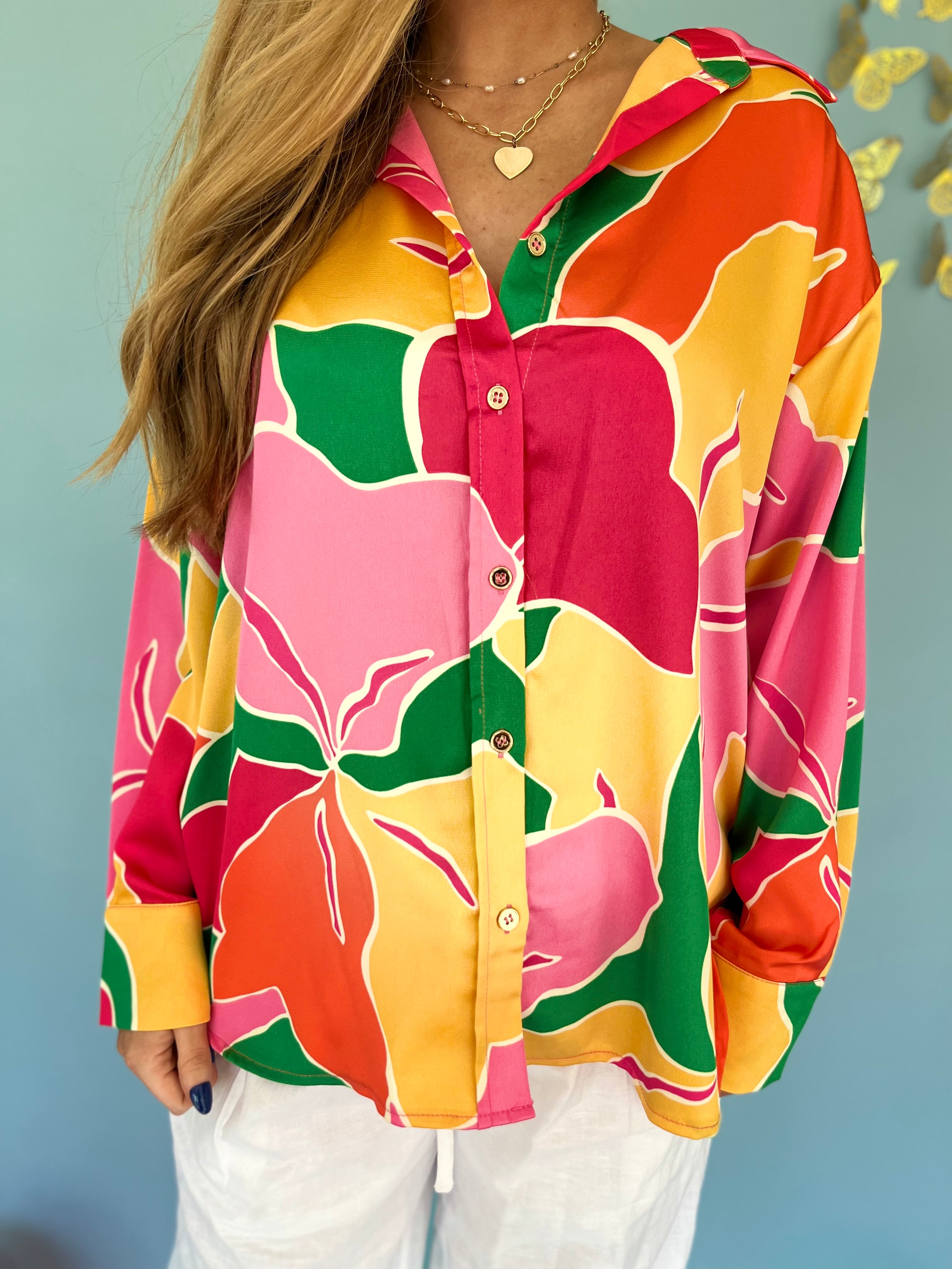 Printed Button Up Long Sleeve Blouse- Pink/Yellow