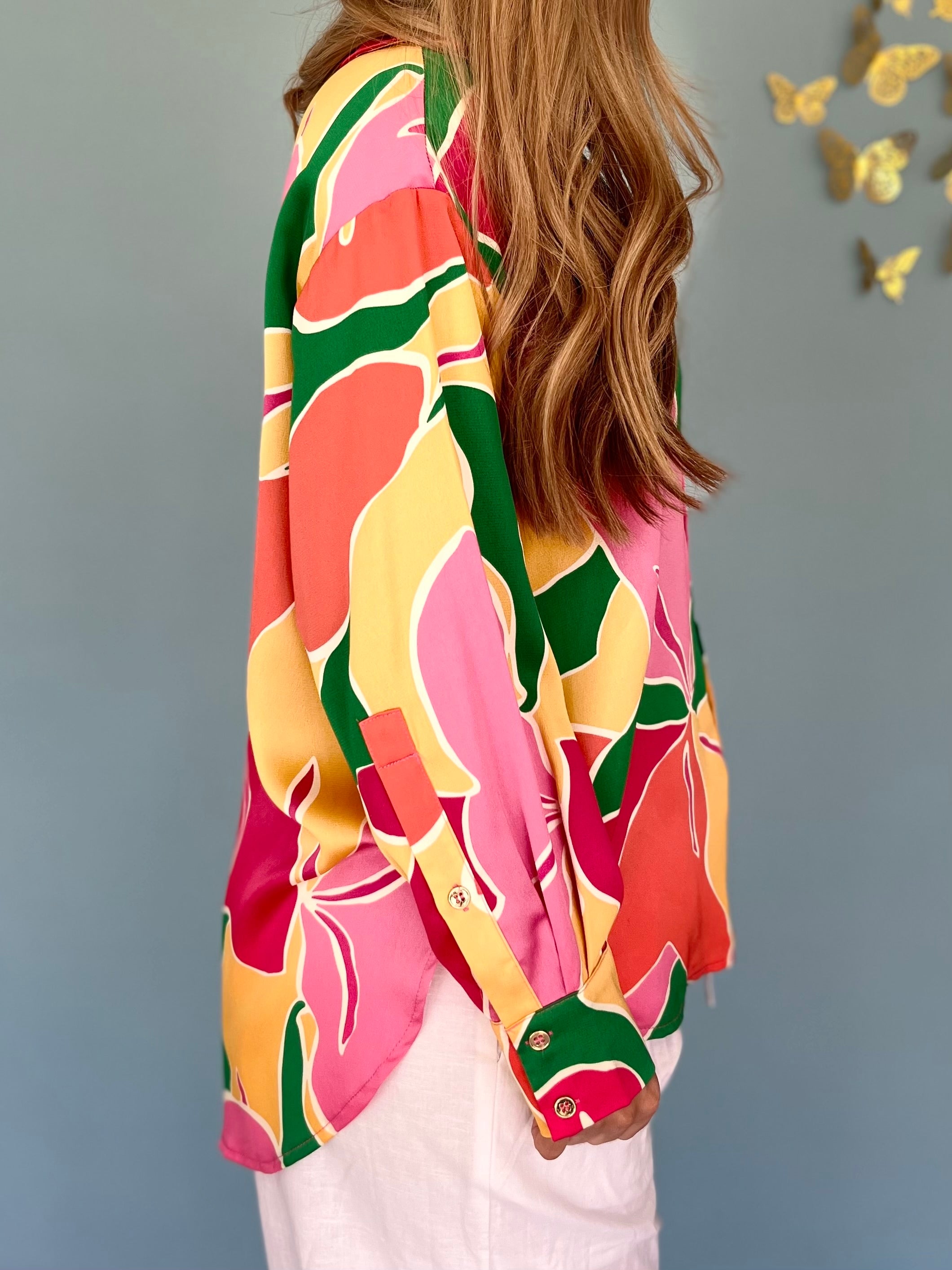 Printed Button Up Long Sleeve Blouse- Pink/Yellow