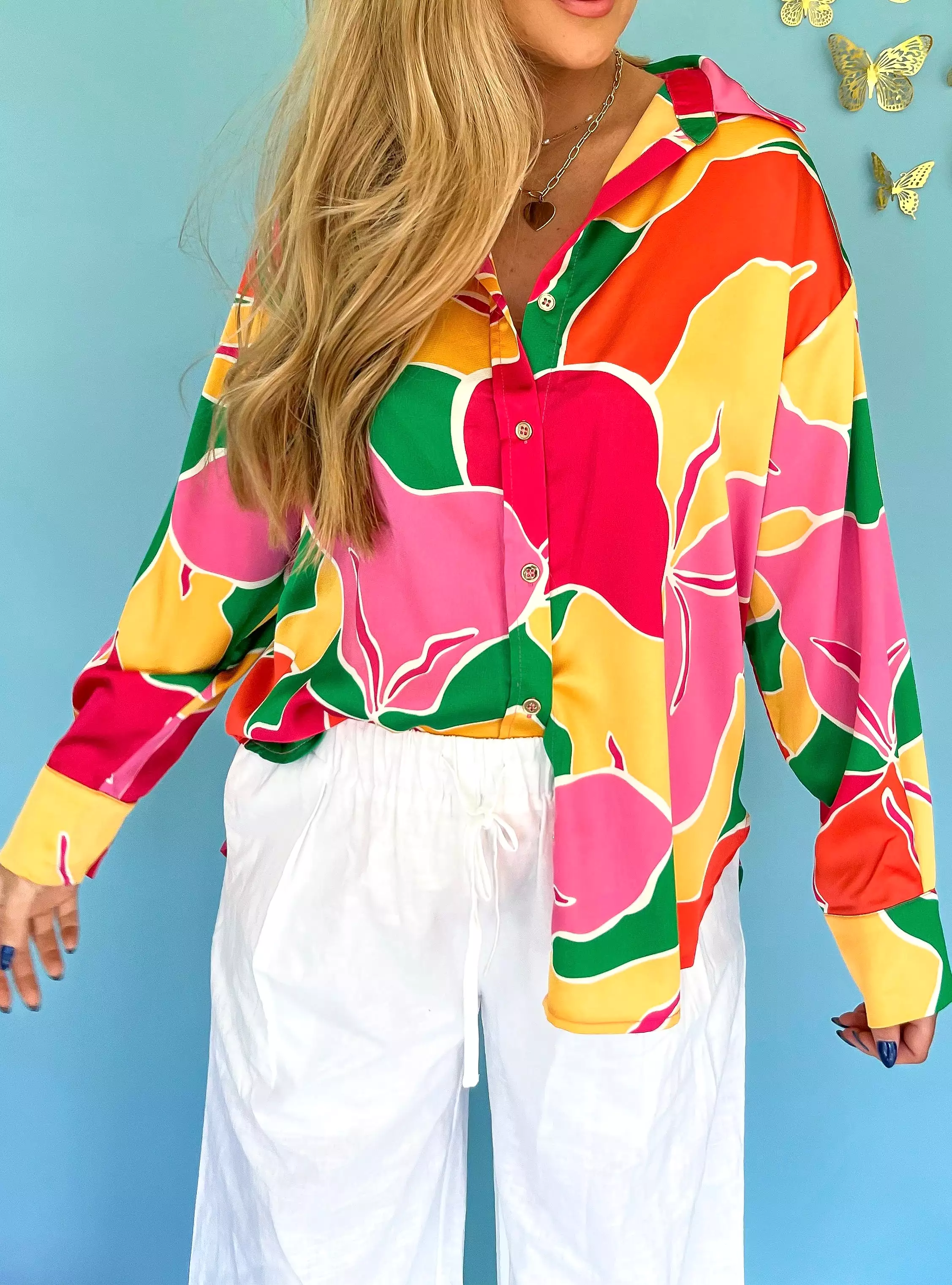 Printed Button Up Long Sleeve Blouse- Pink/Yellow