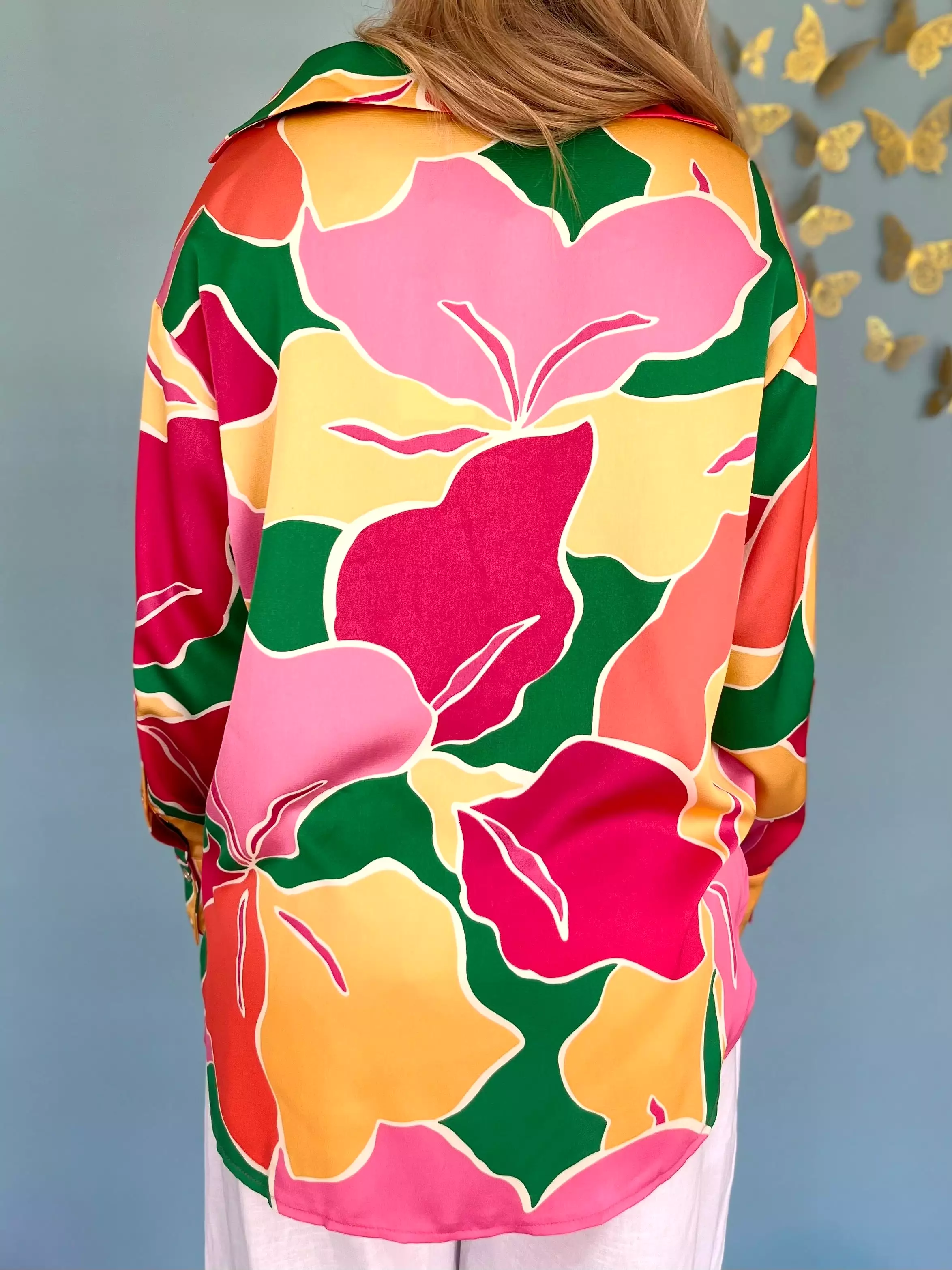 Printed Button Up Long Sleeve Blouse- Pink/Yellow