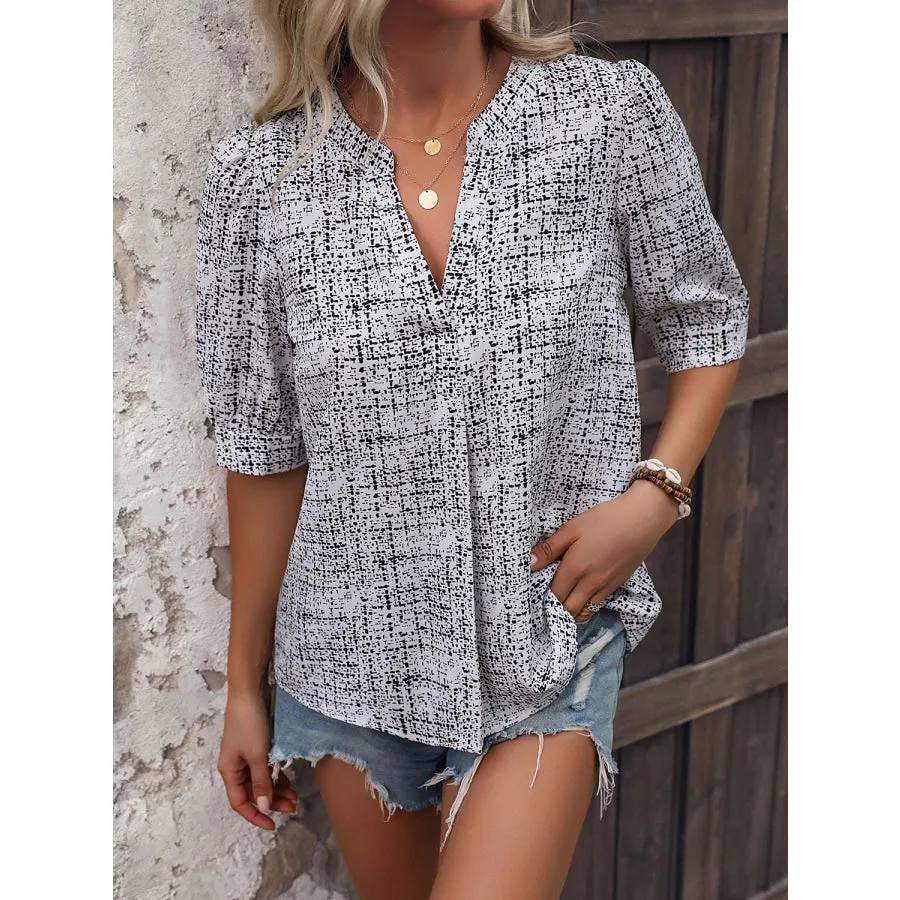 Printed Notched Half Sleeve Blouse