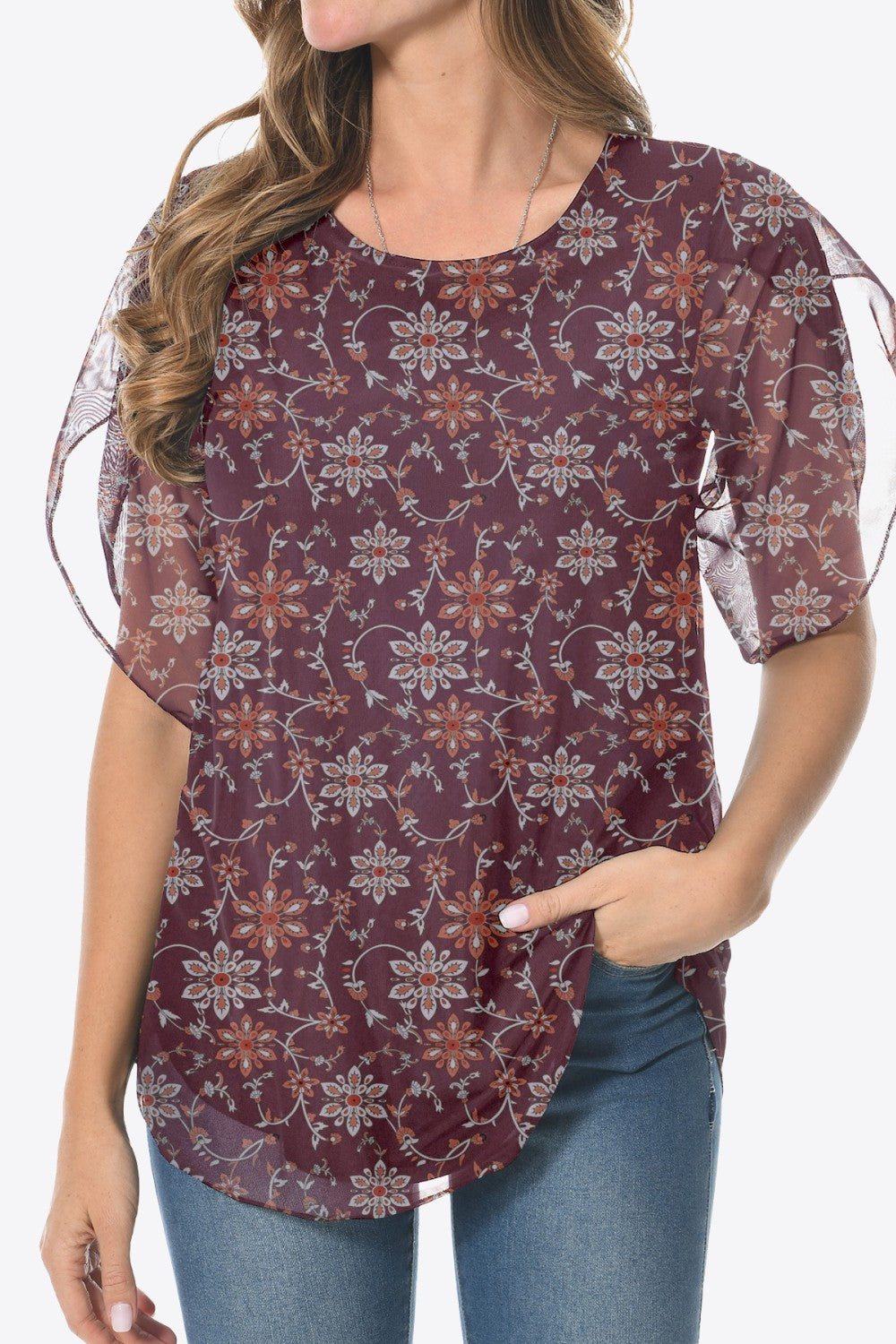 Printed Round Neck Curved Hem Blouse