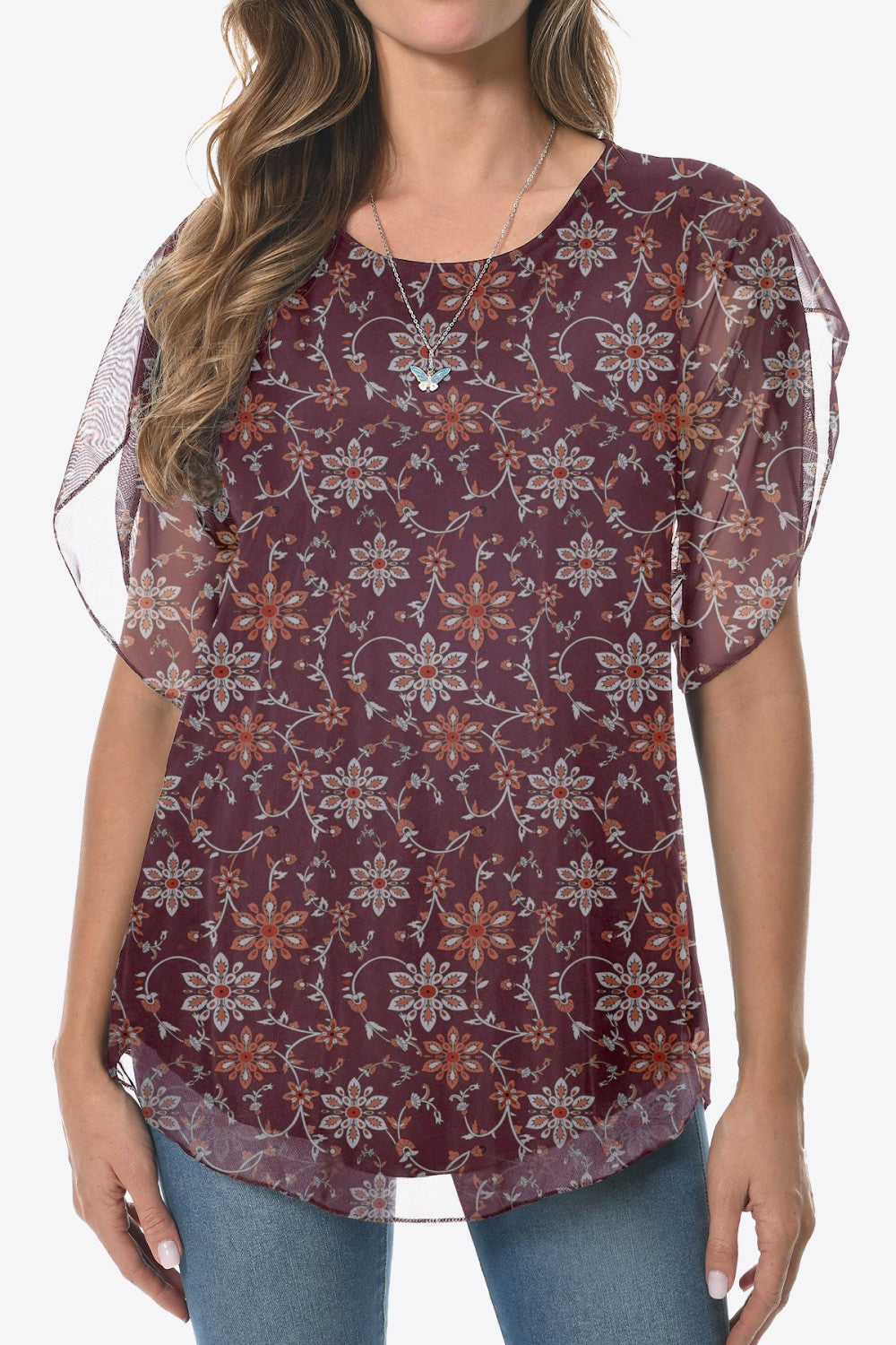 Printed Round Neck Curved Hem Blouse