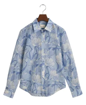 Regular Fit Magnolia Print Cotton Silk Shirt                             Dove Blue