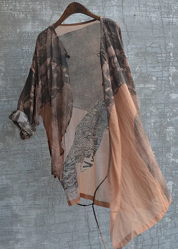 Retro Brown Print Asymmetrical Linen Tops Fall