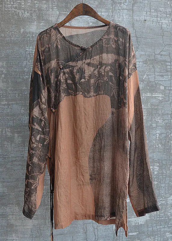 Retro Brown Print Asymmetrical Linen Tops Fall