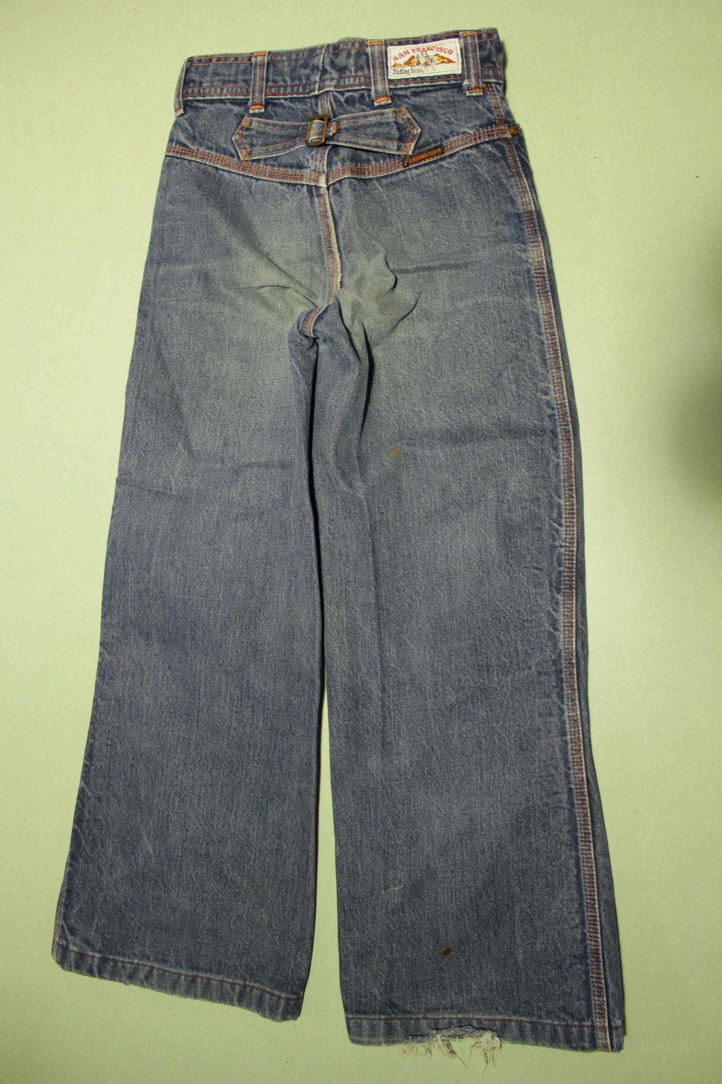 San Francisco Riding Gear Vintage 70's Buckle Back Talon 42 Bell Bottom Denim Blue Jeans