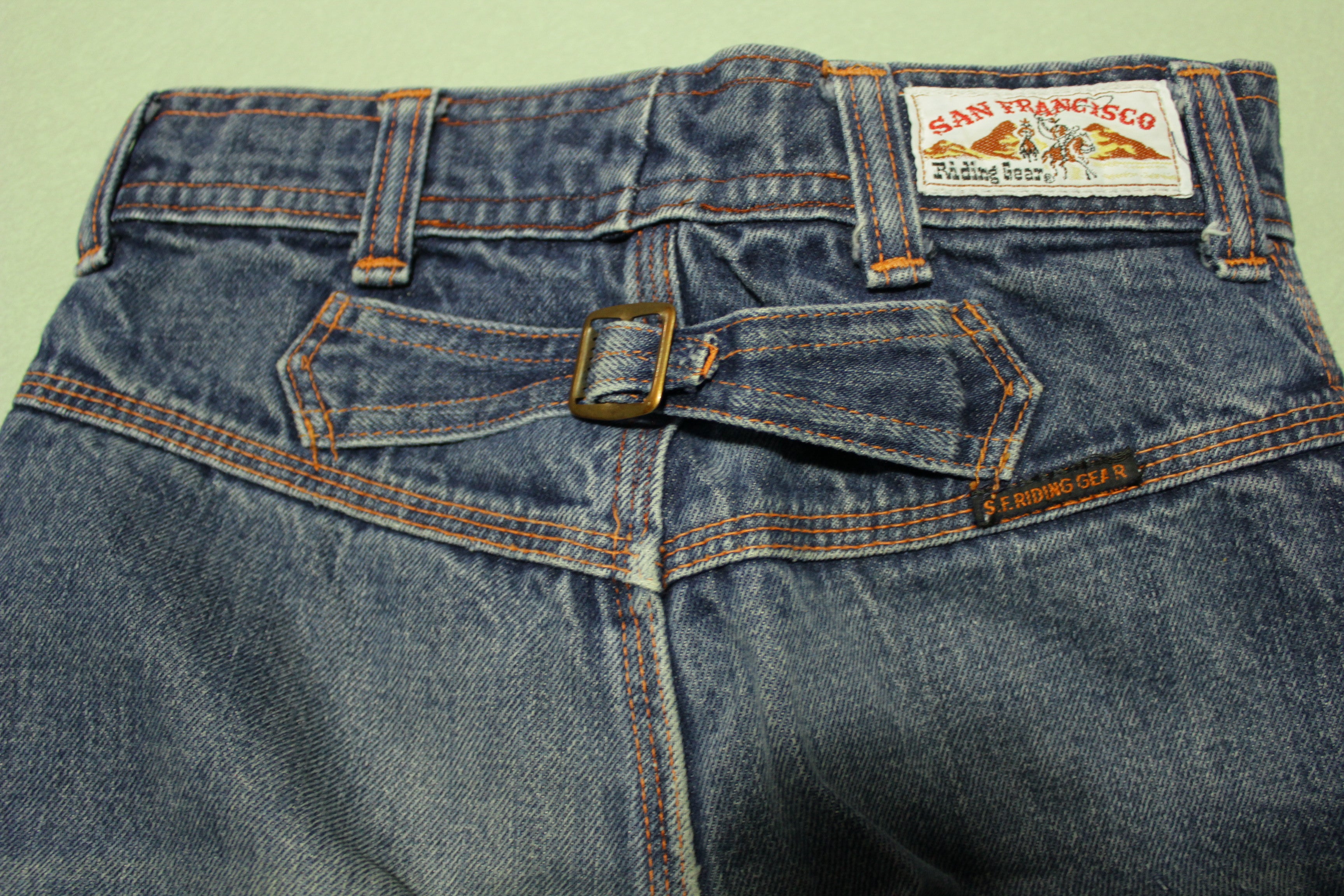 San Francisco Riding Gear Vintage 70's Buckle Back Talon 42 Bell Bottom Denim Blue Jeans