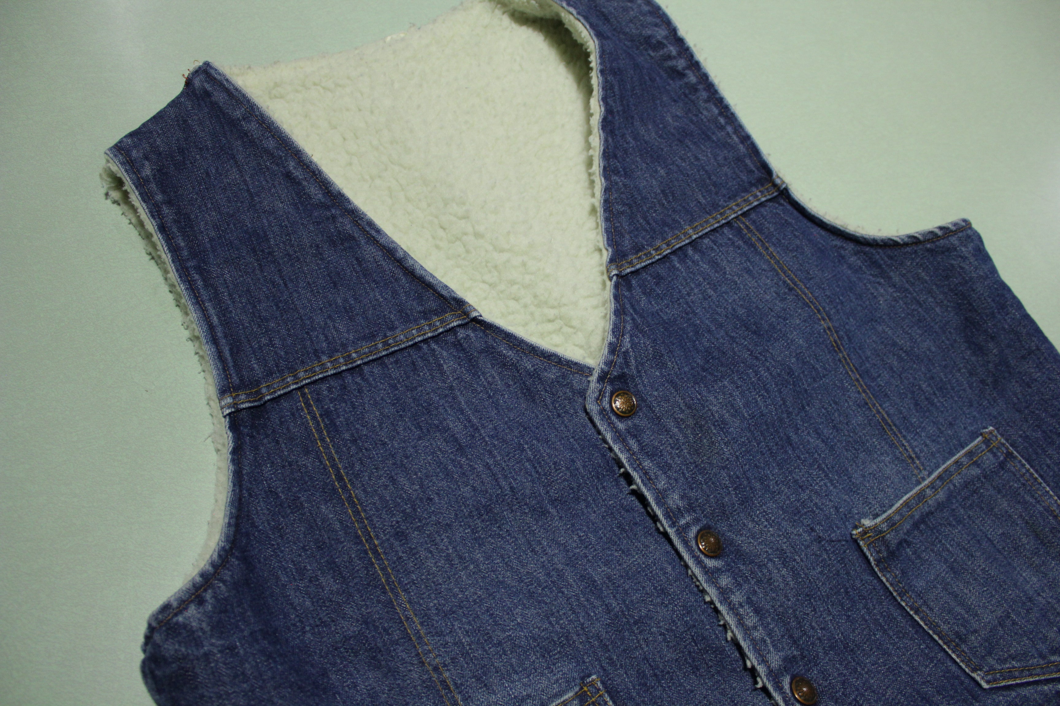 Sears Penneys Vintage 70's Sherpa Wool Lined Denim Jean Jacket Vest