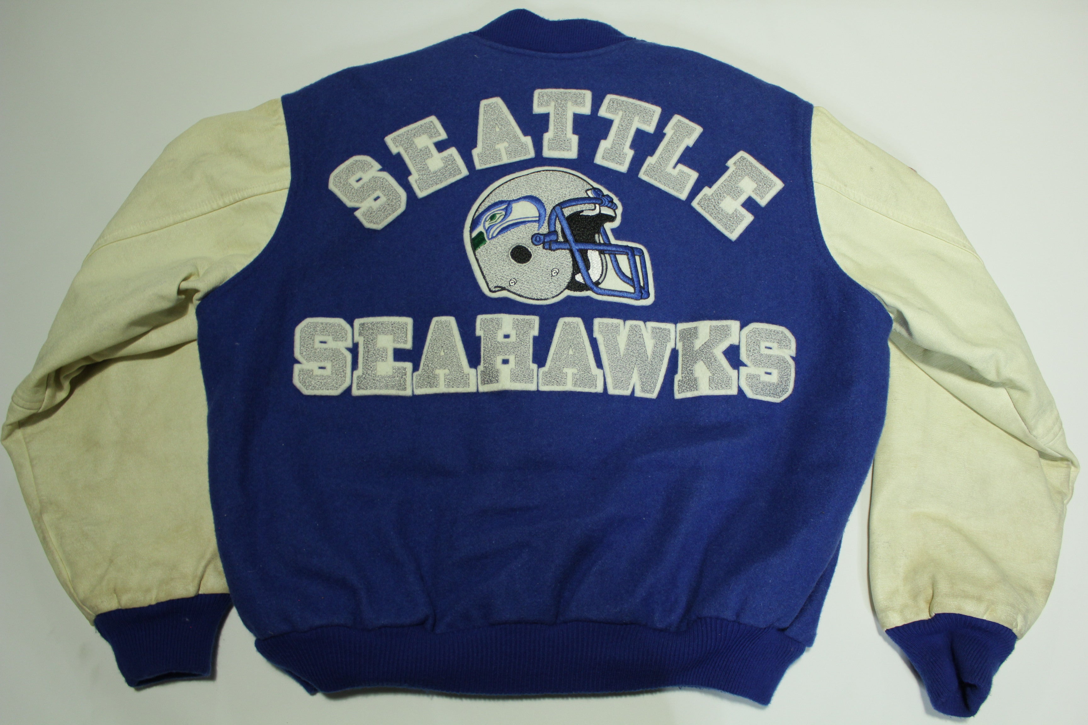 Seattle Seahawks Vintage 80's Chalk Line Made in USA Letterman's Bomber Leather Jacket