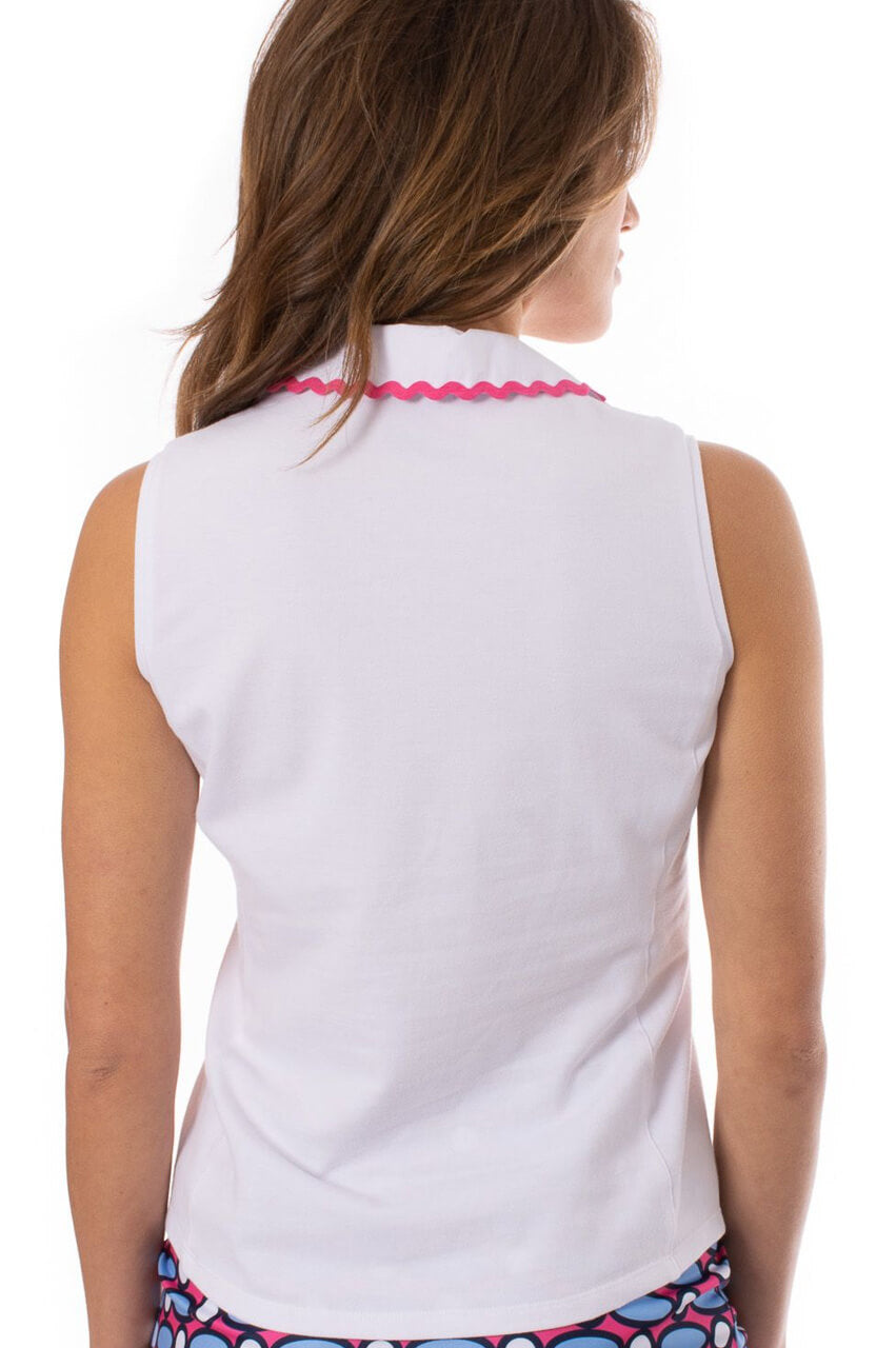 Sleeveless Stretch Pique Cotton Polo with Hot Pink Ric Rac Trim