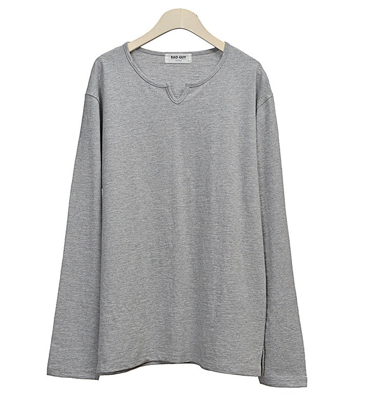 Slit Neck Casual Solid Long Sleeved Tshirts Mens Tees Vneck Tops 100% Cotton Made in Korean