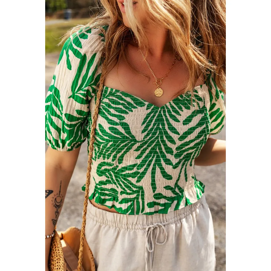 Smocked Printed Short Sleeve Blouse