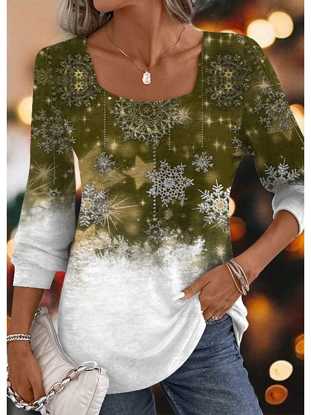 Snowflake Print Long Sleeve T-shirt for Weekend Festivals