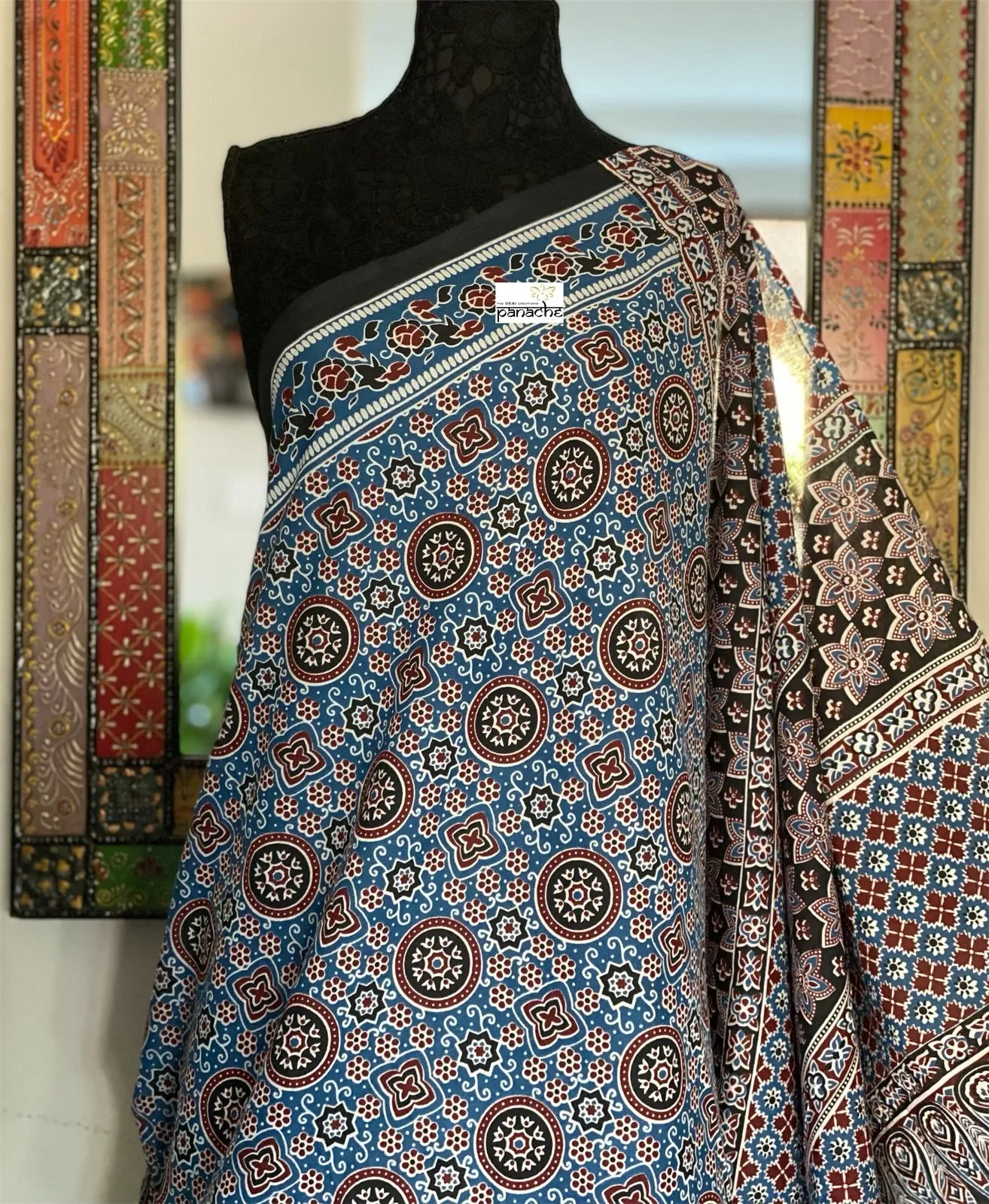 Soft Cotton Ajrakh Saree - Blue Black Maroon Printed