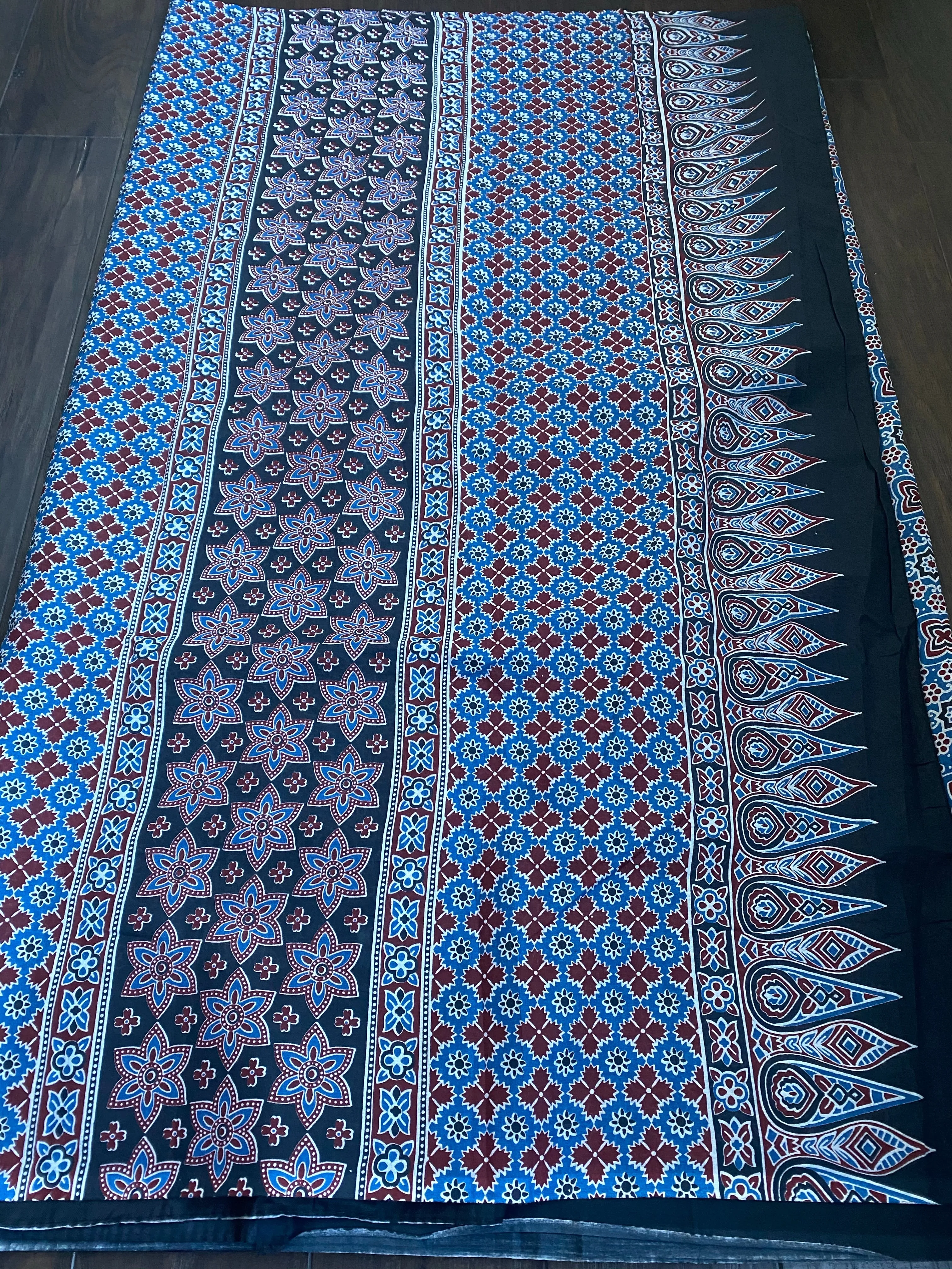 Soft Cotton Ajrakh Saree - Blue Black Maroon Printed