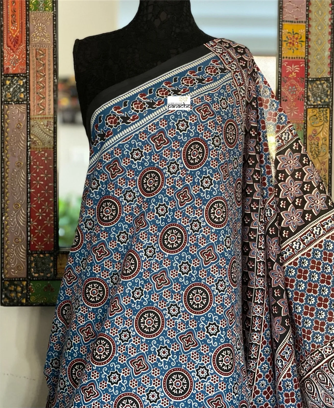 Soft Cotton Ajrakh Saree - Blue Black Maroon Printed