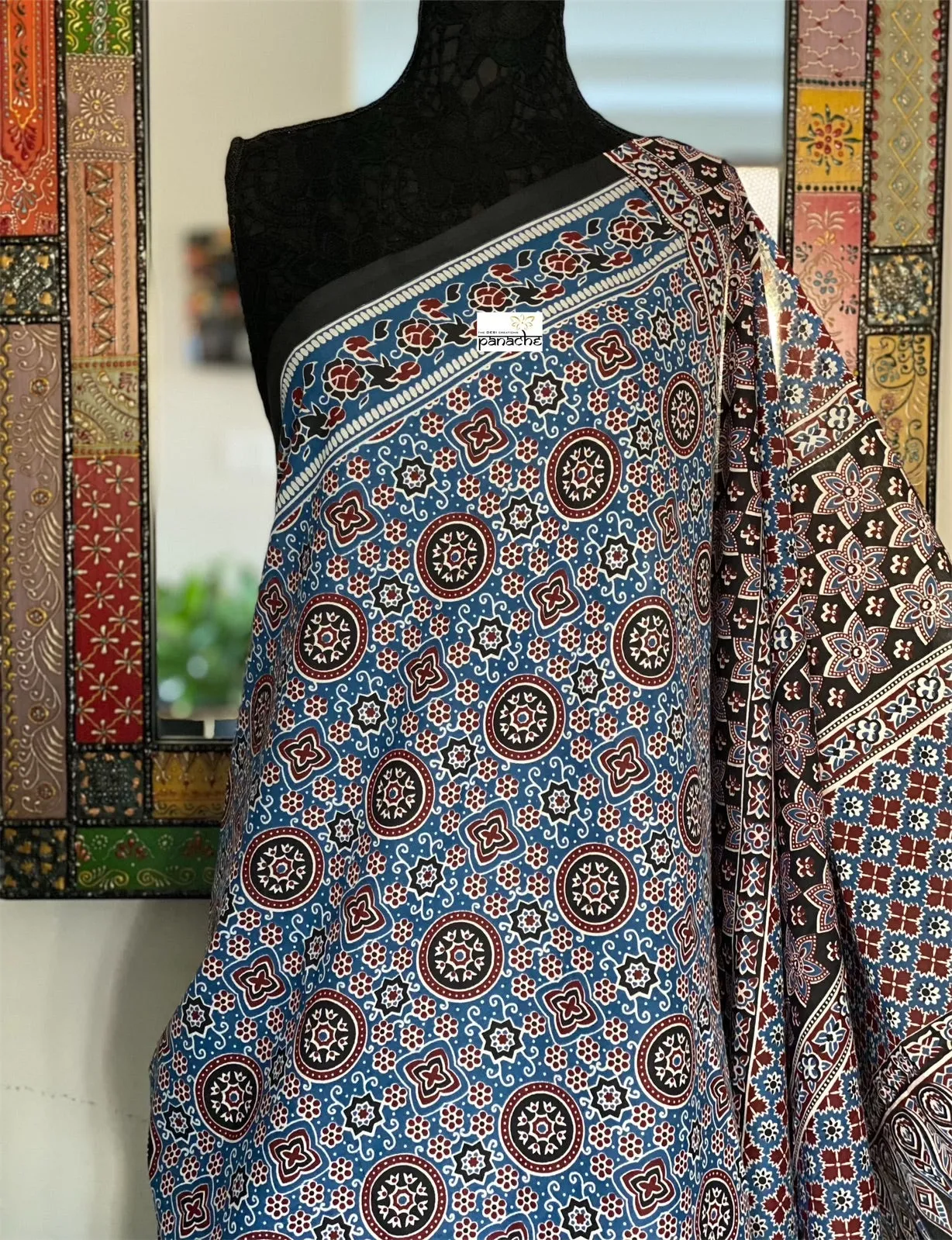 Soft Cotton Ajrakh Saree - Blue Black Maroon Printed