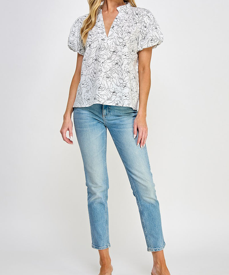 Split Neck Puff Sleeve Floral Top - Off White/Black