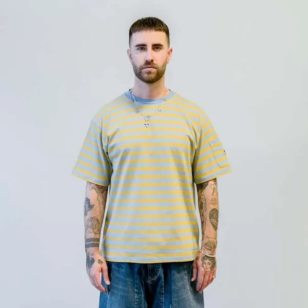 S/S Crew Neck Tee Cotton Stripe Jersey - Sax/Yellow