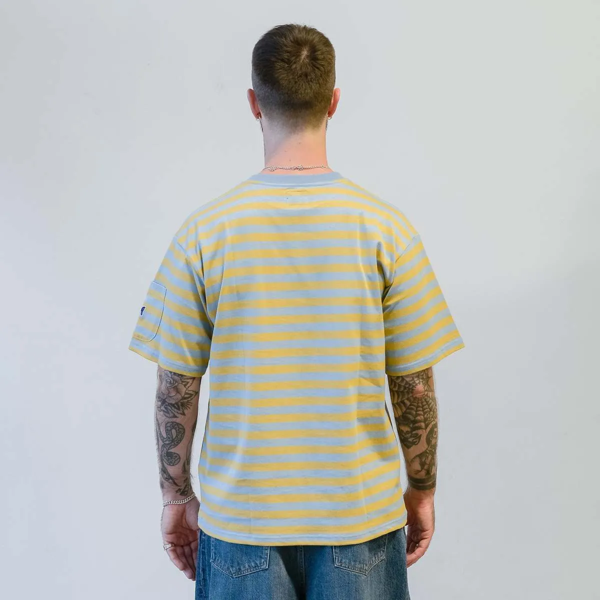 S/S Crew Neck Tee Cotton Stripe Jersey - Sax/Yellow