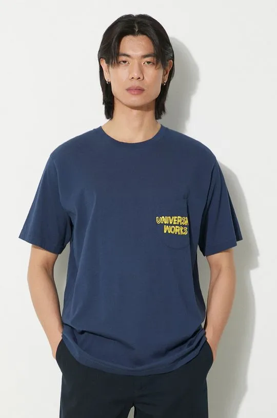 Universal Works cotton t-shirt Print Pocket Tee men’s navy blue color with a print 30611.NAVY