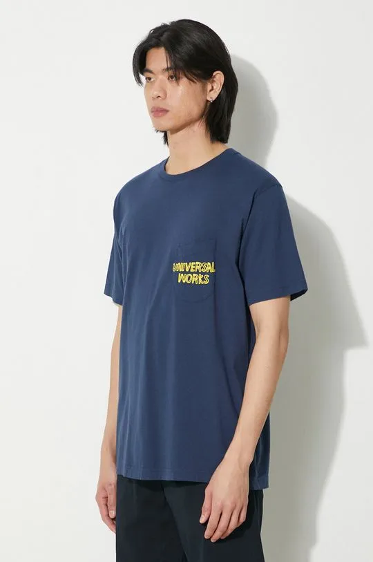 Universal Works cotton t-shirt Print Pocket Tee men’s navy blue color with a print 30611.NAVY