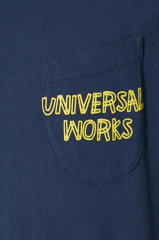 Universal Works cotton t-shirt Print Pocket Tee men’s navy blue color with a print 30611.NAVY