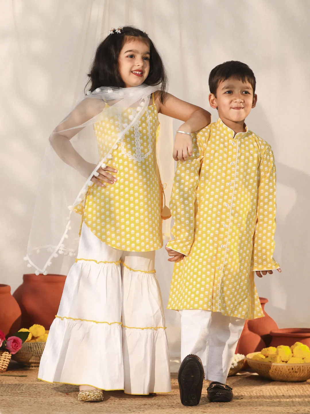 VASTRAMAY Yellow Cotton Printed Siblings Matching Set